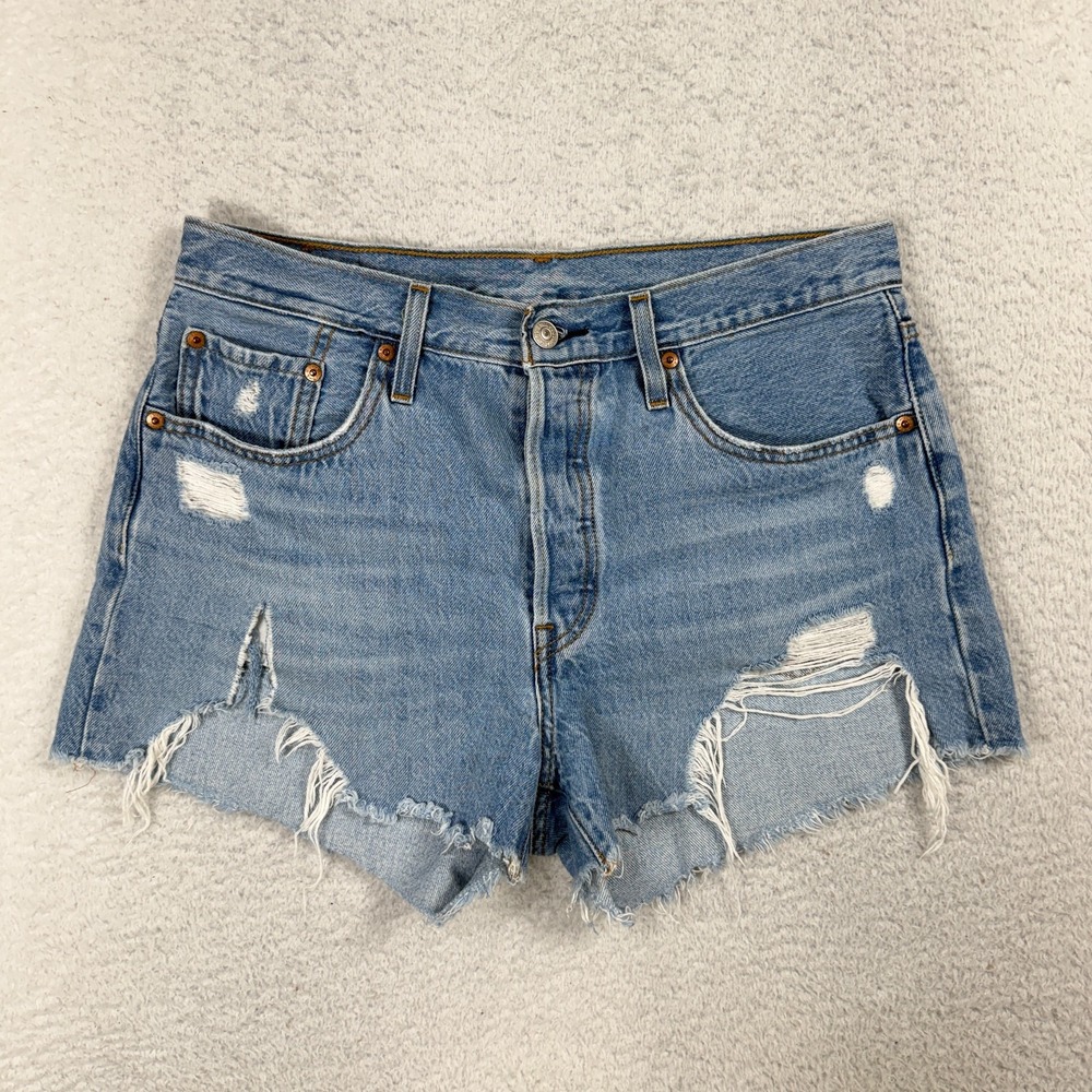 Levis 501 Shorts Womens 29 (Fits W32) LIght Blue Distressed Button Fly Stretch